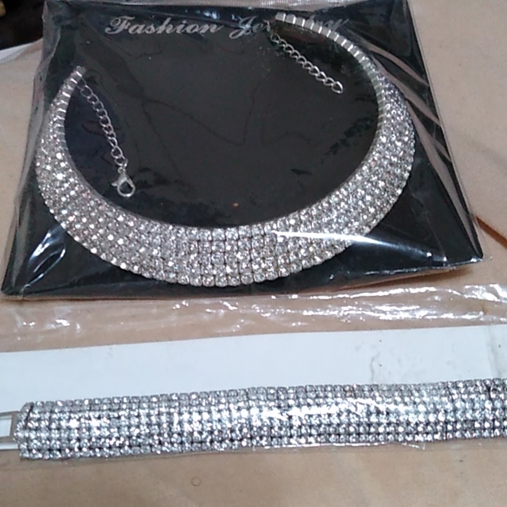 Fun jewelry 5 row rhinestone choker and bracelet